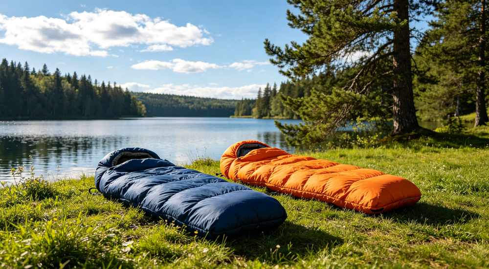 Wide angle outdoor scene with multiple colorful sleeping bags in navy blue orange olive green and red colors arranged on green grass under bright blue sky with white clouds and camping tents in background for wholesale product display photography Wide angle outdoor scene with multiple colorful sleeping bags in navy blue orange olive green and red colors arranged on green grass under bright blue sky with white clouds and camping tents in background for wholesale product display photography