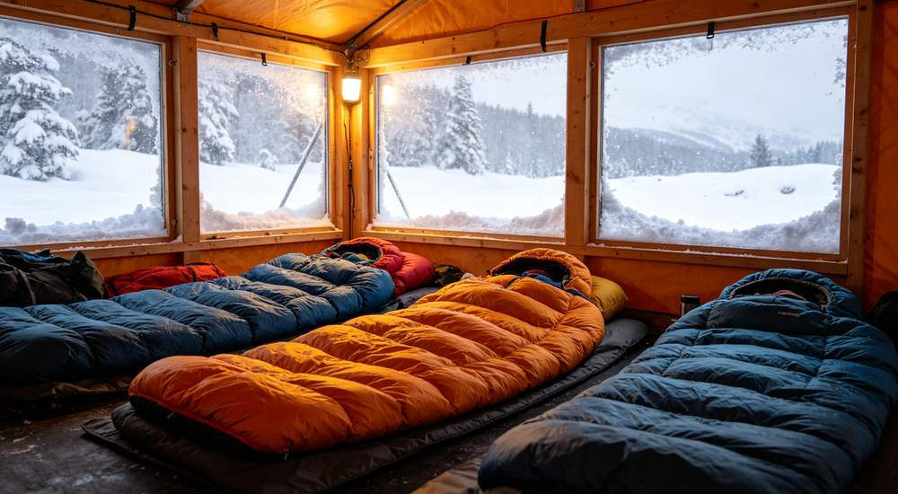 Winter emergency shelter with thick sleeping bags and snow visible outside window showing cold weather protection performance and thermal insulation quality documentation professional