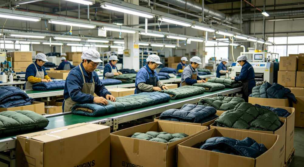 Bulk order sleeping bags packed in export cartons on factory production floor for large volume shipment preparation and export packaging documentation process professional