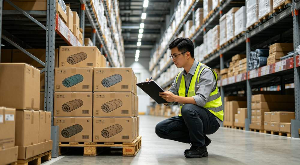 Warehouse inventory management with Asian Chinese male worker in safety vest checking stacked sleeping bag boxes on pallets with clipboard in modern warehouse industrial shelving bright overhead lighting organized logistics distribution center professional work environment