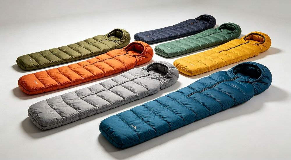 Final product collection of various sleeping bag styles and colors in professional studio for wholesale product catalog photography and brand showcase display