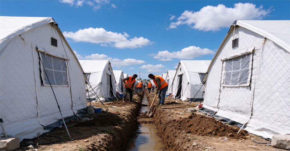 Wide view of workers in orange vests digging drainage ditch between rows of white relief tents at refugee camp, blue sky with clouds, showing camp infrastructure setup for humanitarian relief operations