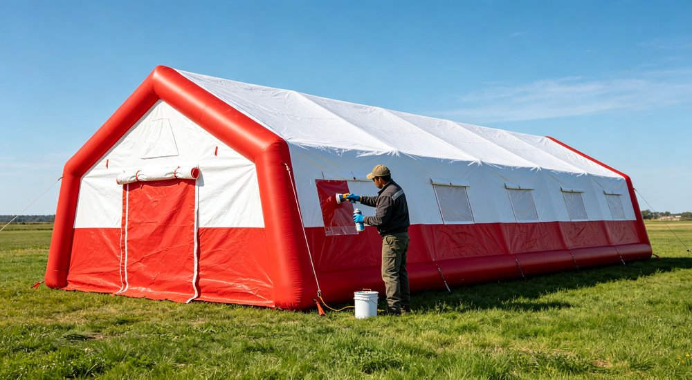 Field repair of inflatable tent with PVC patch, worker, green grass red and white inflatable emergency shelter for disaster relief operations