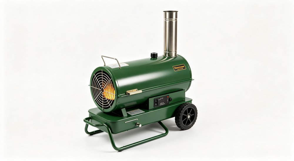 Diesel heater for cold weather tent operation, portable heater, product shot red and white inflatable emergency shelter for disaster relief operations