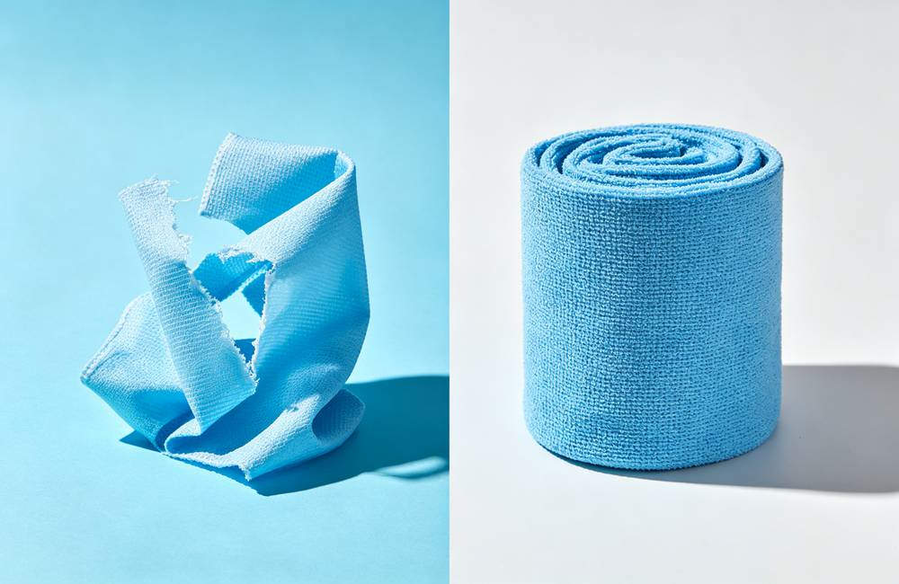 Thin cheap non-woven towel versus thick quality PVA cooling towel comparison showing durability difference