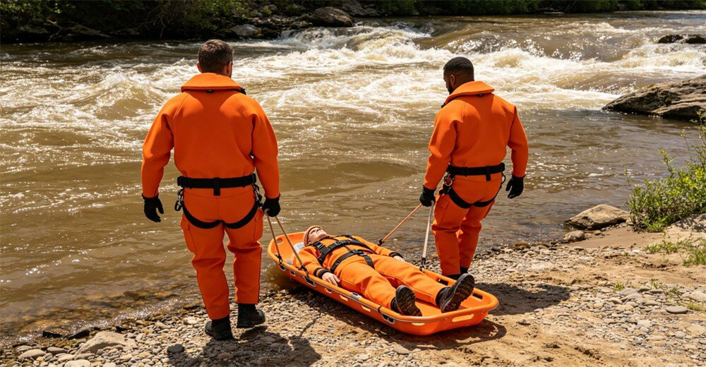Medium shot of blue sked rescue stretcher used to extract injured rescuer from muddy wet outdoor rescue training terrain for wholesale bulk water rescue equipment supply