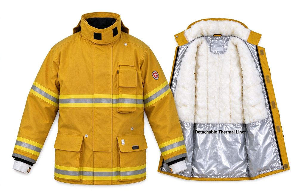 Close-up view of complete turnout gear components displayed: coat trousers hood gloves and boots, yellow reflective trim firefighter turnout gear set parts for wholesale bulk supply to fire departments