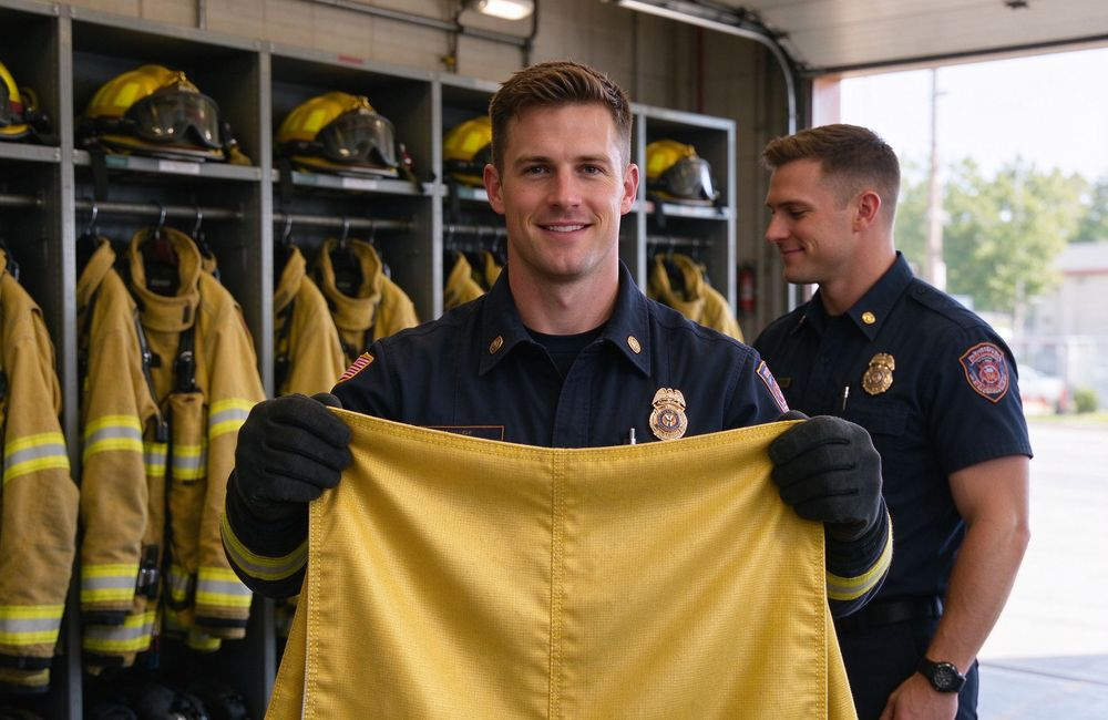Three-quarter view of firefighter checking Nomex outer shell fabric texture, turnout gear shell material inspection, bulk firefighter turnout gear supplier quality for firefighter turnout gear wholesale buyers