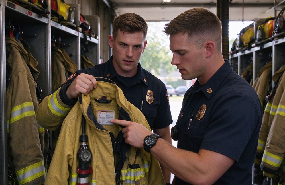Overhead view of firefighter checking certification label on turnout gear coat, NFPA 1971 EN 469 standard verification, turnout gear supplier documents for white certificate firefighter turnout gear wholesale buyers