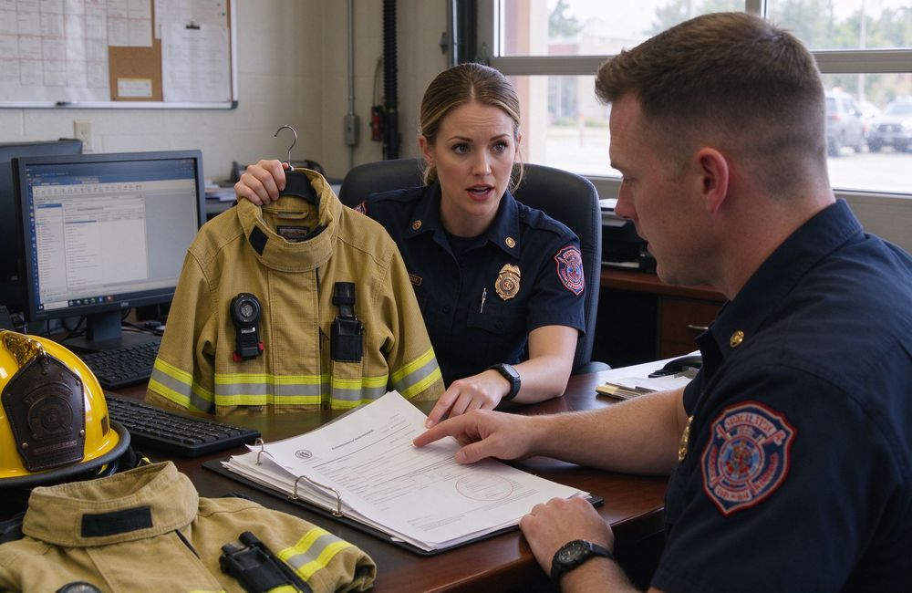 Flat-lay view of firefighter reviewing standard test report with turnout gear sample, NFPA 1971 EN 469 certificate check, turnout gear supplier compliance documents