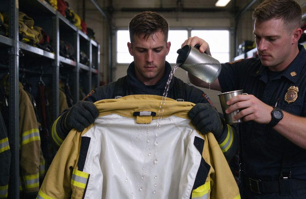 Overhead view of water bead test on turnout gear moisture barrier, yellow reflective firefighter turnout gear waterproof layer check, bulk gear barrier performance supplier for firefighter turnout gear wholesale buyers