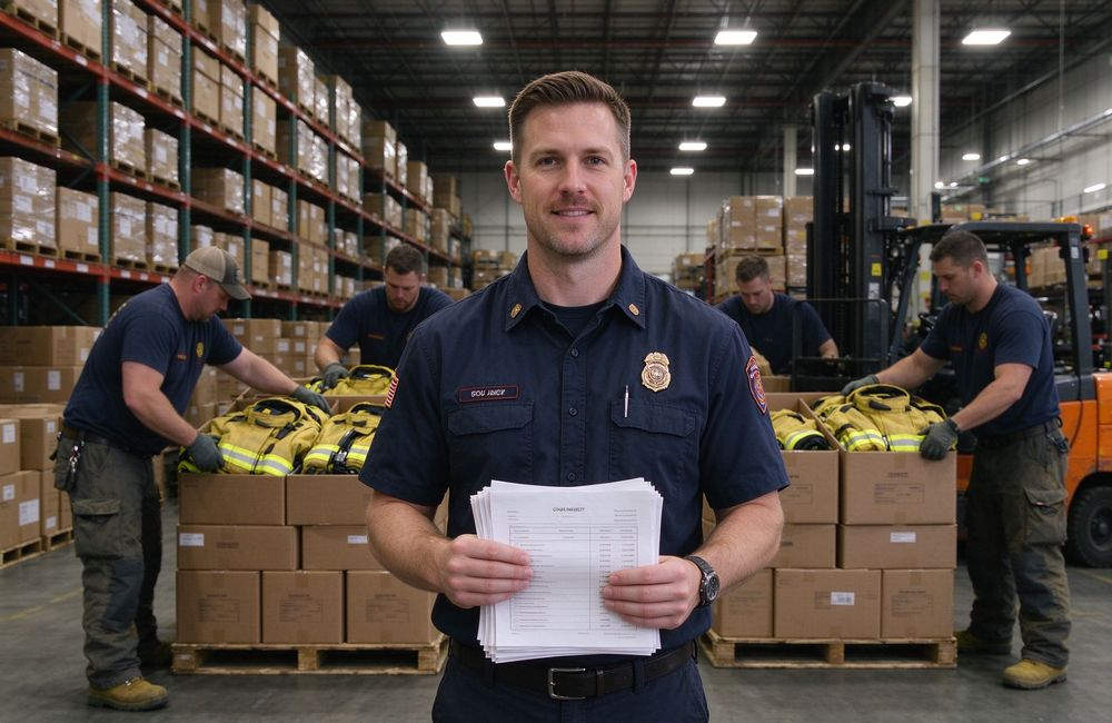Wide-angle view of warehouse supervisor checking yellow reflective firefighter turnout gear bulk shipment packing list, fire department bulk gear export logistics, turnout gear wholesale supplier China