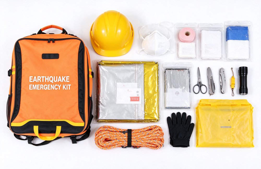 Earthquake emergency kit contents spread flat lay with safety helmet dust mask rescue whistle first aid supplies flashlight for seismic response evacuation