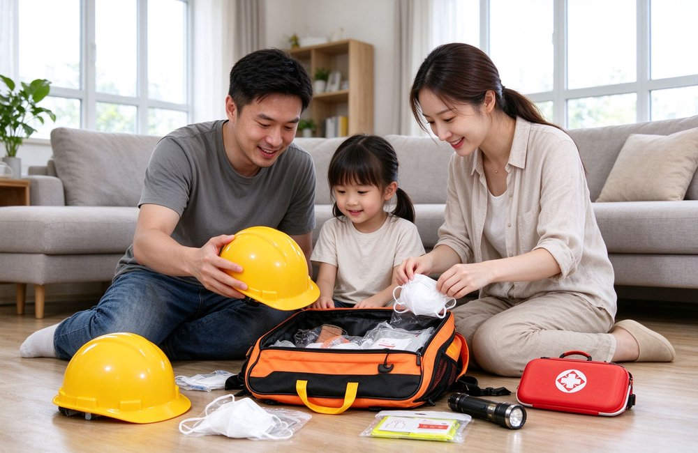 Family using earthquake emergency kit at home with safety helmet emergency supplies seismic evacuation preparedness for households schools with safety helmet emergency supplies seismic evacuation preparedness for households schools