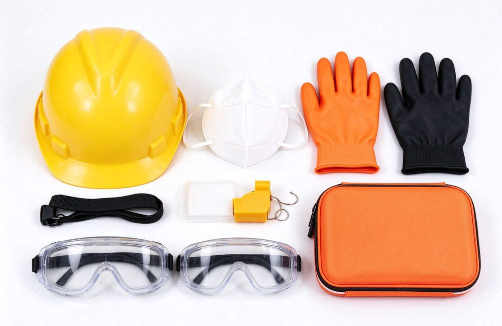 PPE components closeup in earthquake emergency kit with safety helmet hard hat dust mask work gloves safety goggles for personal protection during seismic rescue operations