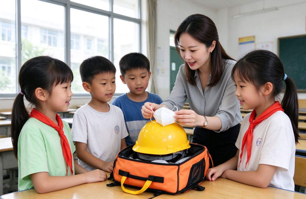 School using earthquake emergency kit with safety helmets emergency supplies for educational institutions seismic drills student safety programs with safety helmets emergency supplies for educational institutions seismic drills student safety programs