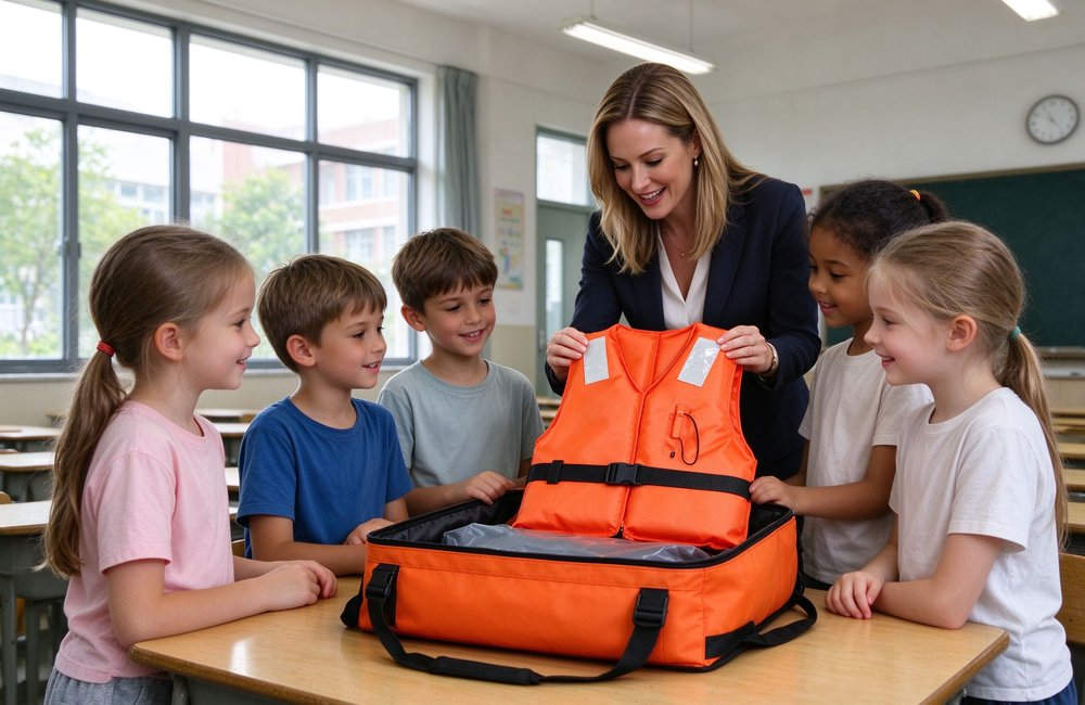 School using emergency flood kit with life jackets waterproof bags for educational institutions flood drills student safety preparedness programs with life jackets waterproof bags for educational institutions flood drills student safety preparedness programs