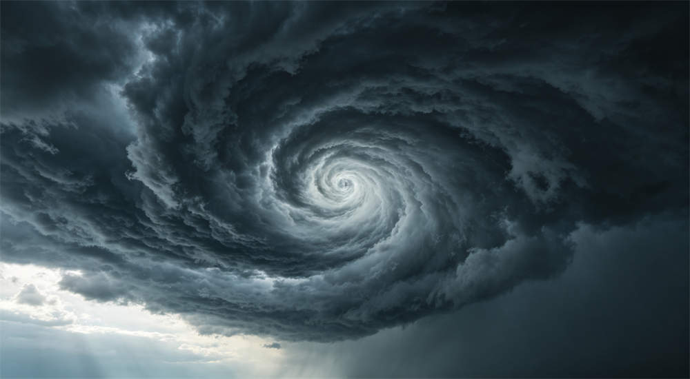 Ground level view of hurricane eye wall with dark clouds and rain, dramatic sky view from inside storm, meteorological phenomenon for hurricane relief preparedness guide