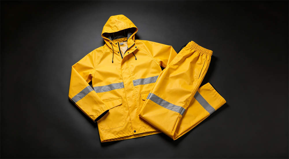 Yellow waterproof rain suit jacket and pants laid flat, heavy duty rain gear for emergency response teams, product photography for bulk PPE supplies