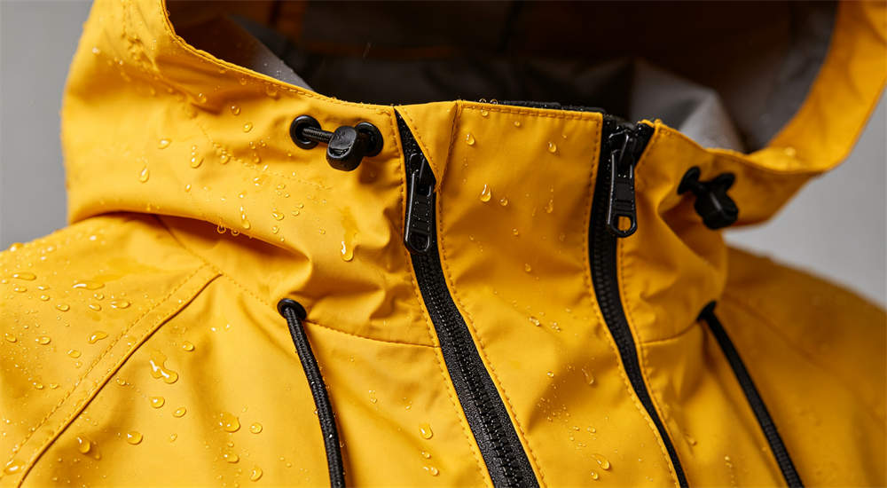 Close up detail of yellow rain jacket showing waterproof seams and hood adjustment with water droplets on fabric, product detail for bulk rain gear procurement