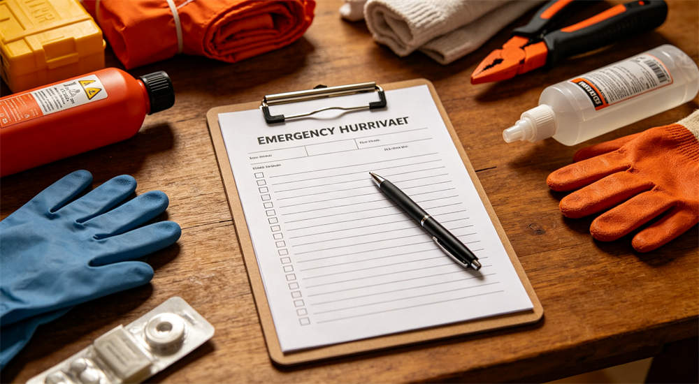 Emergency hurricane checklist clipboard with pen surrounded by emergency supplies on wooden table, preparedness planning tool for bulk procurement checklist