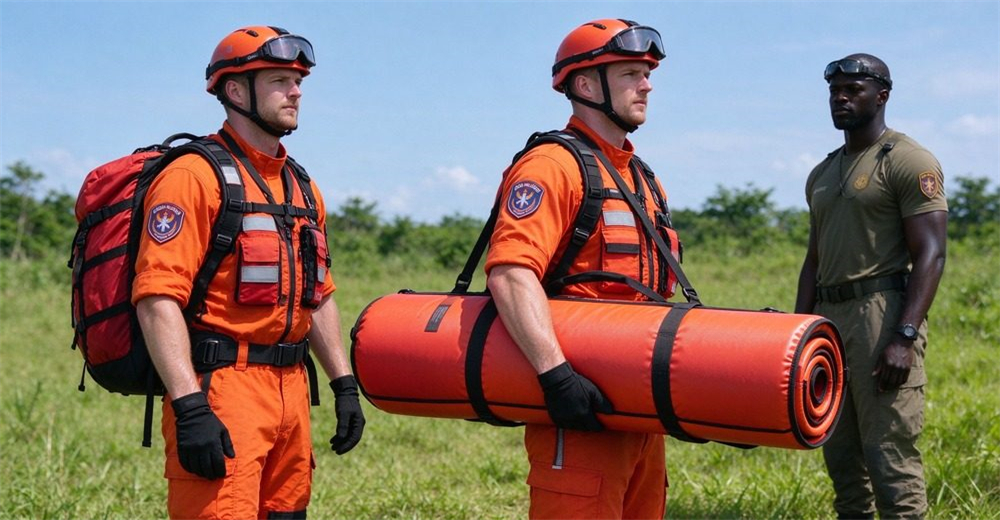 Authentic foam-filled floating platform tightly rolled to backpack size with black straps and webbing handle, professional rescuer carrying it, showing portability and compact storage for emergency teams.
