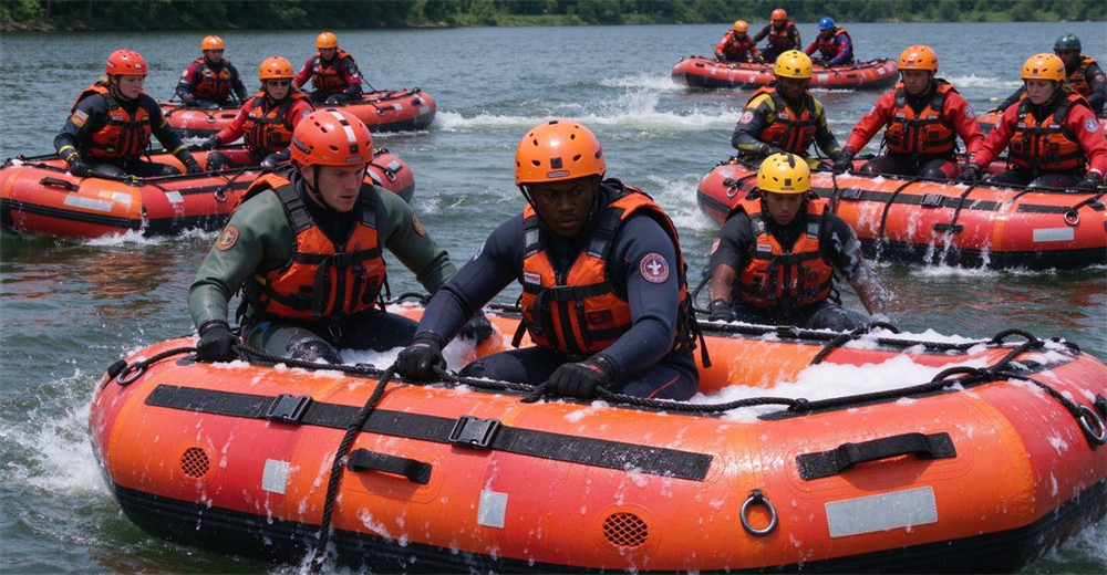 Multiple rescue teams simultaneous training, three groups of rescuers in full orange gear each operating authentic foam-filled floating platforms with horizontal straps on open water, each platform carrying patient dummy, tree-lined lake background.