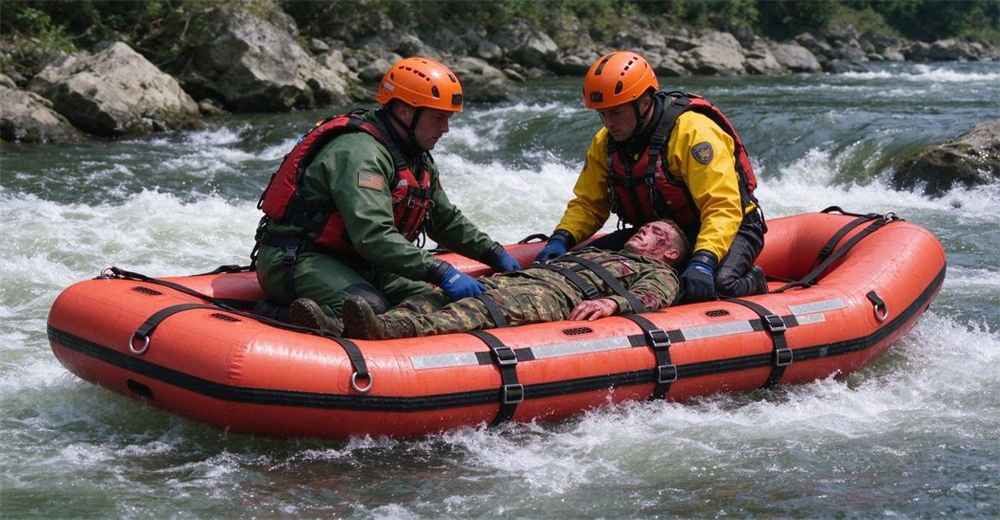 Real complex water rescue in rapids, two rescuers in full gear on authentic foam-filled platform with horizontal straps navigating whitewater, patient in camouflage with injuries secured by straps, rocky river background.