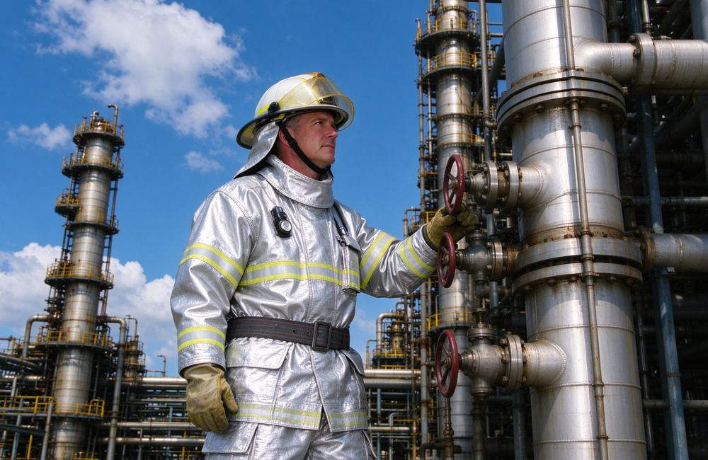 Eye-level view of refinery worker in aluminized fire proximity suit standing near furnace radiant heat source during turnaround maintenance work for fire proximity suit wholesale buyers checking radiant heat protection performance