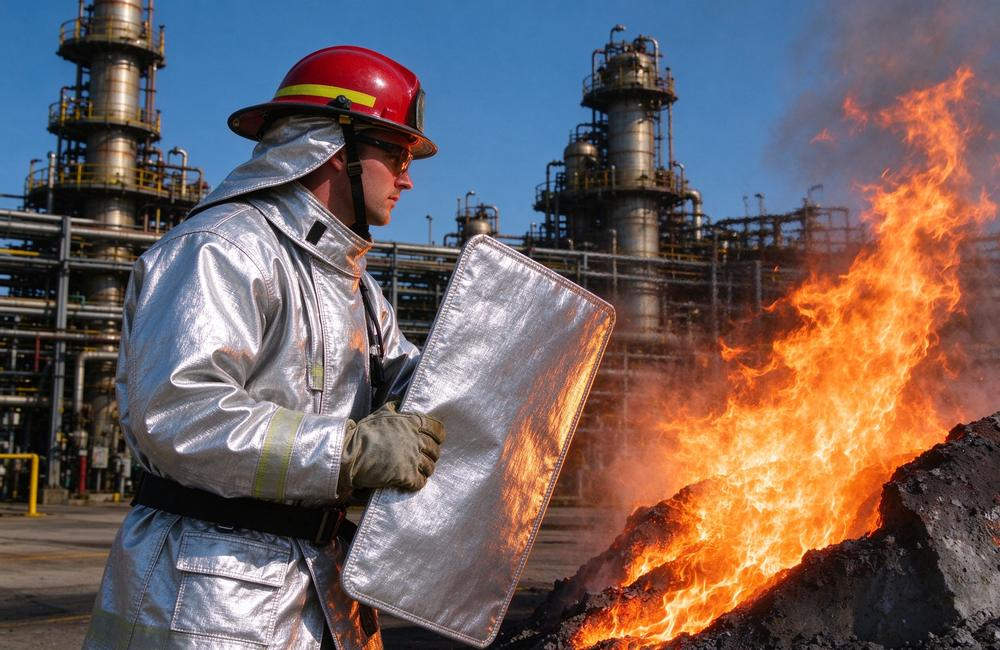 Ground-level view of refinery worker in aluminized proximity suit holding reflective heat shield for radiant heat protection at hot work site during plant maintenance turnaround work