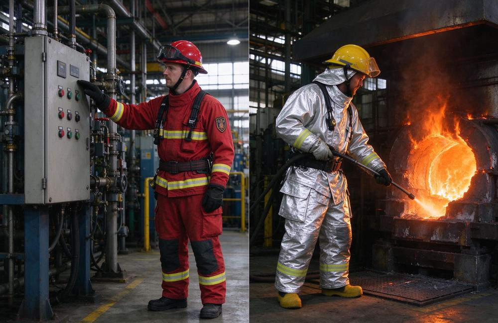 Split-view view of silver aluminized fire proximity suit versus turnout gear shown in working scenario for refinery operations and structural fire protection requirement comparison for bulk buyers