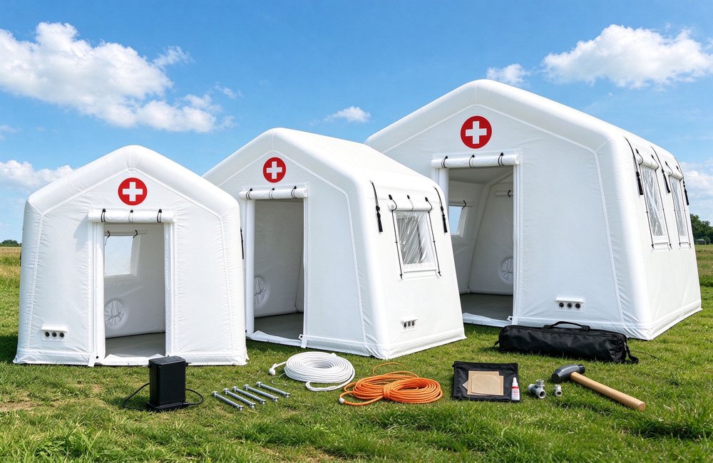 Wholesale inflatable emergency shelters three sizes family portrait with high-capacity electric air pump stakes guylines repair kit for government procurement disaster relief