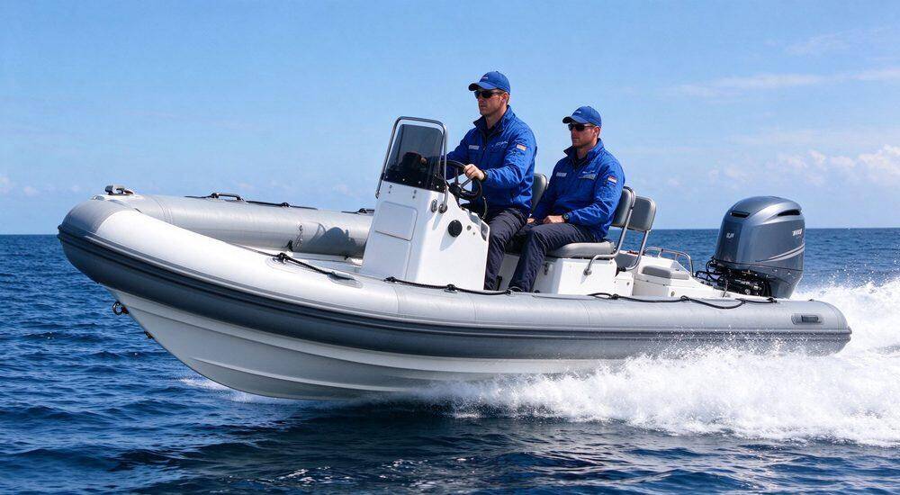Fiberglass rigid inflatable boat RIB speeding across open water with white V-shaped hull and orange collars demonstrating speed stability and seaworthiness for rescue missions worldwide Fiberglass rigid inflatable boat RIB speeding across open water with white V-shaped hull and orange collars demonstrating speed stability and seaworthiness for rescue missions worldwide