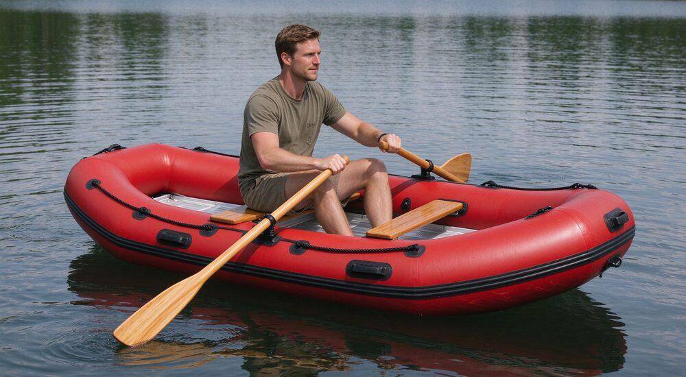 Lightweight fully inflatable rescue dinghy on calm lake with male rescuer rowing demonstrating excellent portability and versatility as emergency rescue boat for swift deployment and rapid response