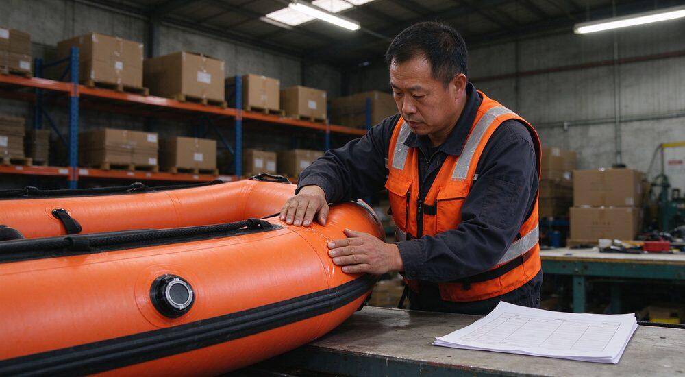 Factory inspector in orange safety vest performing quality inspection on orange inflatable rescue boat in warehouse checking seam integrity and air valve before wholesale shipment Factory inspector in orange safety vest performing quality inspection on orange inflatable rescue boat in warehouse checking seam integrity and air valve before wholesale shipment