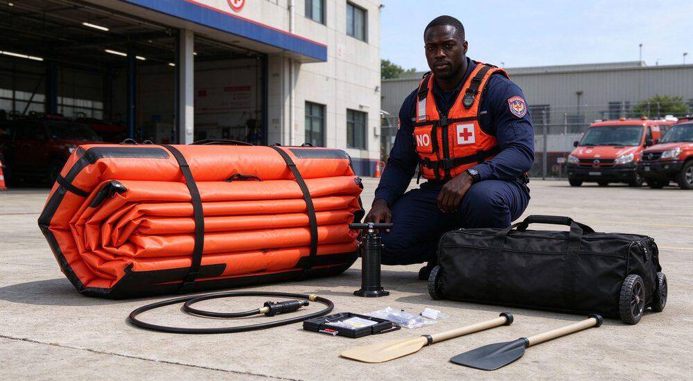 Folded inflatable rescue boat with black carry bag hand pump repair kit and aluminum oars showing compact storage solution for emergency rescue boat response teams worldwide