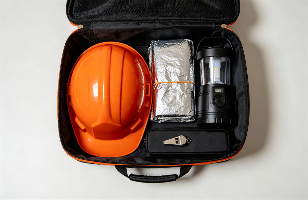 Open tornado emergency kit laid out showing safety helmet mylar blanket and hand crank lantern ready for bulk distribution today now now for bulk tornado emergency kit procurement and wholesale NGO relief orders today now
