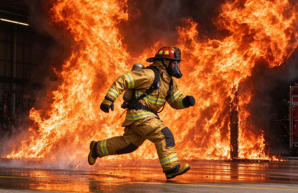 Wide-angle view of rescue team member crossing burning zone wearing carbon fiber fire entry suit for extreme heat entry operations in fire entry suit wholesale procurement planning