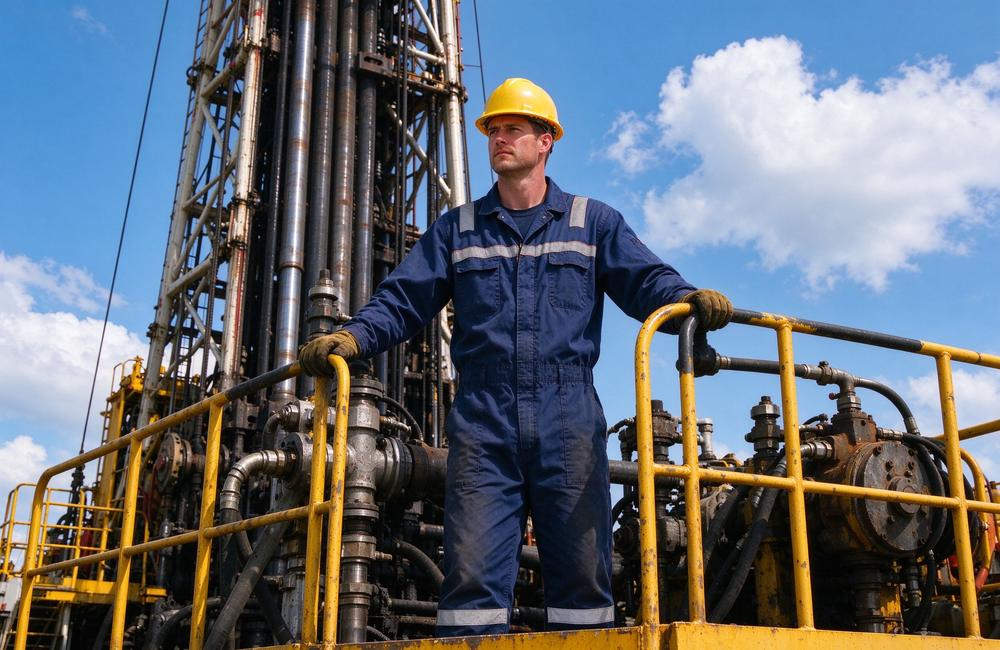 Eye-level view of oil field worker wearing FR coveralls on drilling platform for flame resistant workwear wholesale supply and oil and gas workplace safety compliance Eye-level view of oil field worker wearing FR coveralls on drilling platform for flame resistant workwear wholesale supply and oil and gas workplace safety compliance