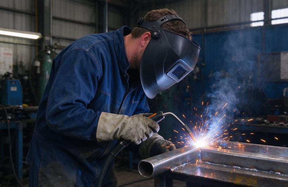 Ground-level view of welding workshop worker in FR coveralls with welding sparks for fire resistant protective clothing and flame resistant workwear application demonstration Ground-level view of welding workshop worker in FR coveralls with welding sparks for fire resistant protective clothing and flame resistant workwear application demonstration