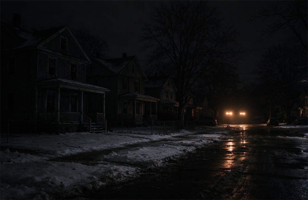 Winter storm power outage at night, dark SUV driving on snow-covered residential street with bright headlights illuminating the road ahead, all surrounding houses completely dark