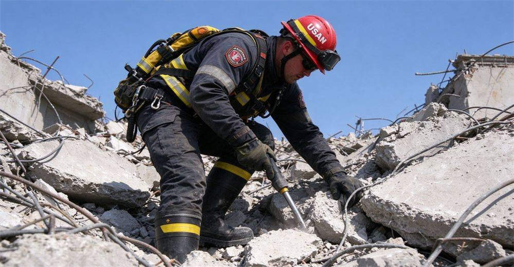 USAR search and rescue team wearing steel toe puncture proof rescue boots searching through rubble USAR search and rescue team wearing steel toe puncture proof rescue boots searching through rubble