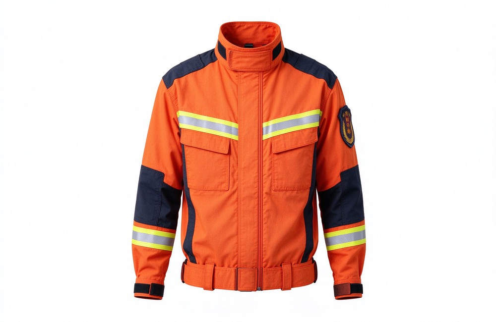 Close-up view of firefighter rescue suit summer version front view for technical orange with yellow reflective trim rescue clothing fast dry design and rescue suit mobility for active operations