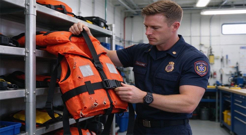 Water rescue equipment review and inspection being conducted by team member checking PFD buoyancy straps and hardware before deployment Water rescue equipment review and inspection being conducted by team member checking PFD buoyancy straps and hardware before deployment
