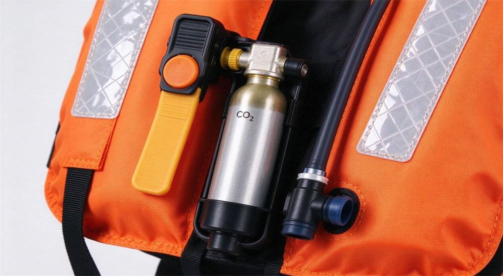 Inflatable life jacket CO2 cylinder detail showing automatic inflation mechanism and manual backup pull cord for emergency flotation activation