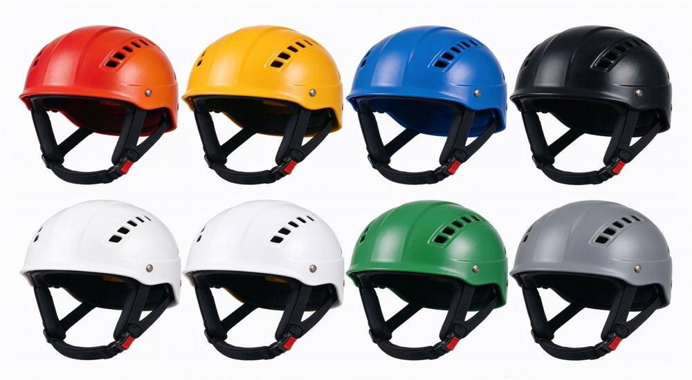 Water rescue helmet CE certification label showing compliance with European safety standards and impact protection ratings for professional users