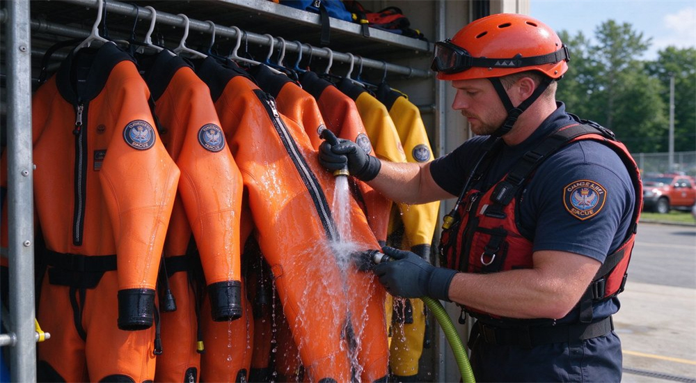 Gear maintenance rinsing and hanging in dedicated gear room with dry suits and PFDs properly stored after operation for extended equipment lifespan