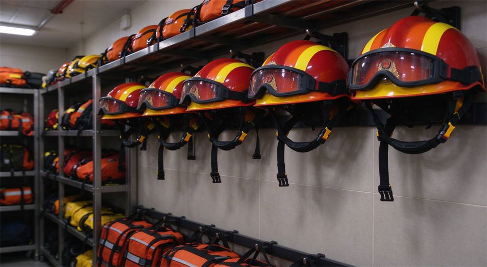 Water rescue equipment storage rack in gear room showing organized PFDs helmets and dry suits properly stored ready for emergency deployment Water rescue equipment storage rack in gear room showing organized PFDs helmets and dry suits properly stored ready for emergency deployment