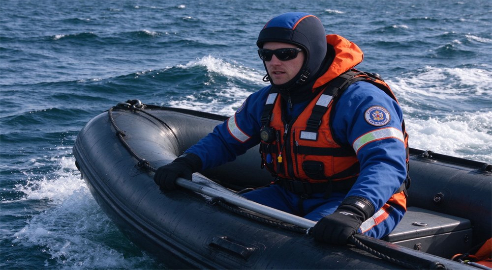 Rescuer in blue wetsuit with orange life vest operates inflatable boat on sea surface
