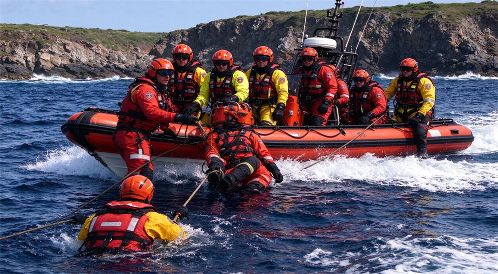 Rescue team members on inflatable boat carry out coordinated rope rescue operation on open‑sea water Rescue team members on inflatable boat carry out coordinated rope rescue operation on open‑sea water